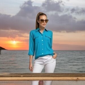 Chico's Women's Blue Emerald Stripe Button Front Shirt 2 (L) 3/4 Sleeve Cotton